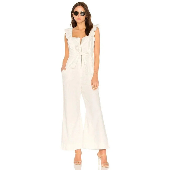 Free People Pants - Free People Sun Valley Jumpsuit Womens Sz 2 White Sleeveless Cotton Denim Ruffle